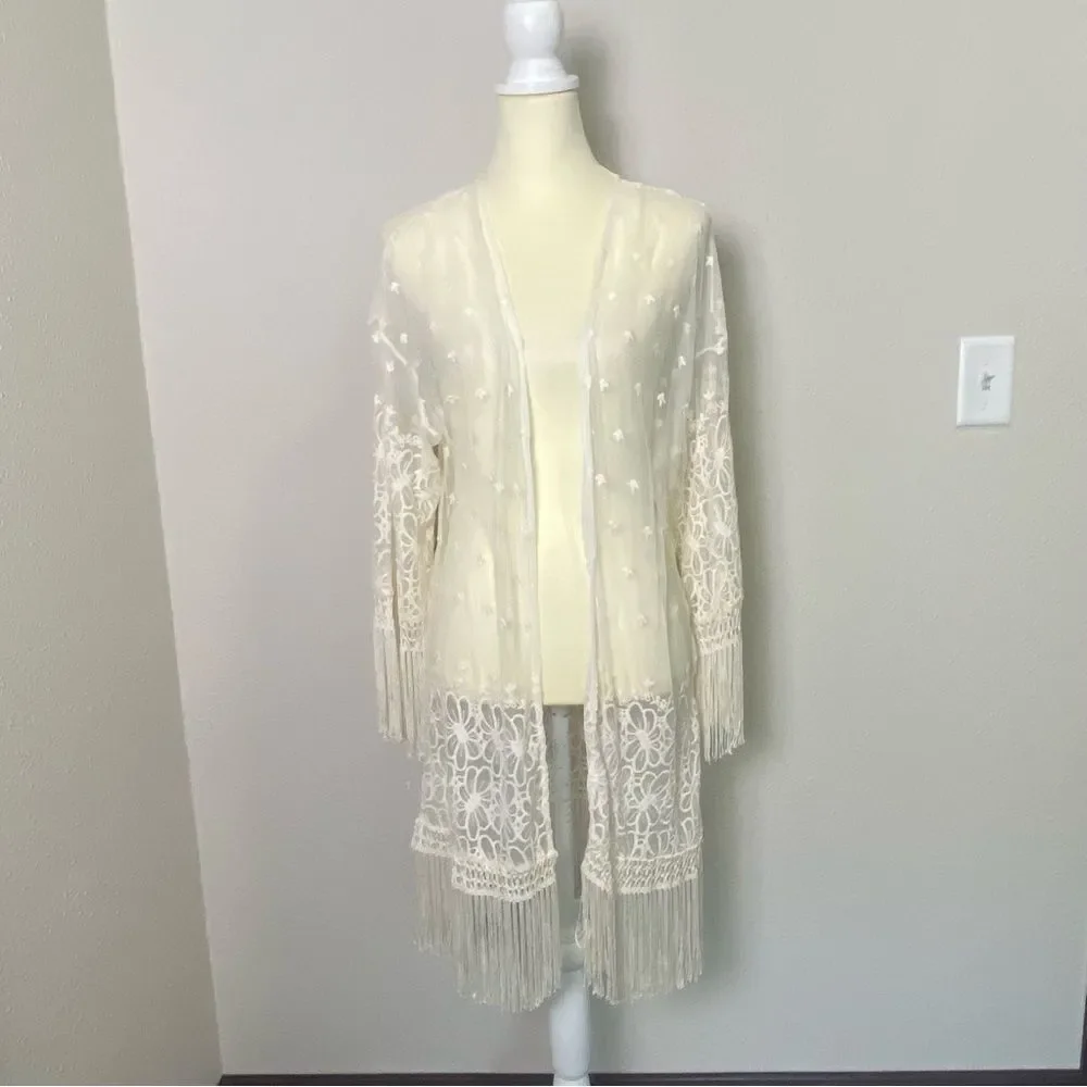 Indigo Thread Co. Boho Beachy Embroidered Cardigan/Swim Cover Up Women's Size L